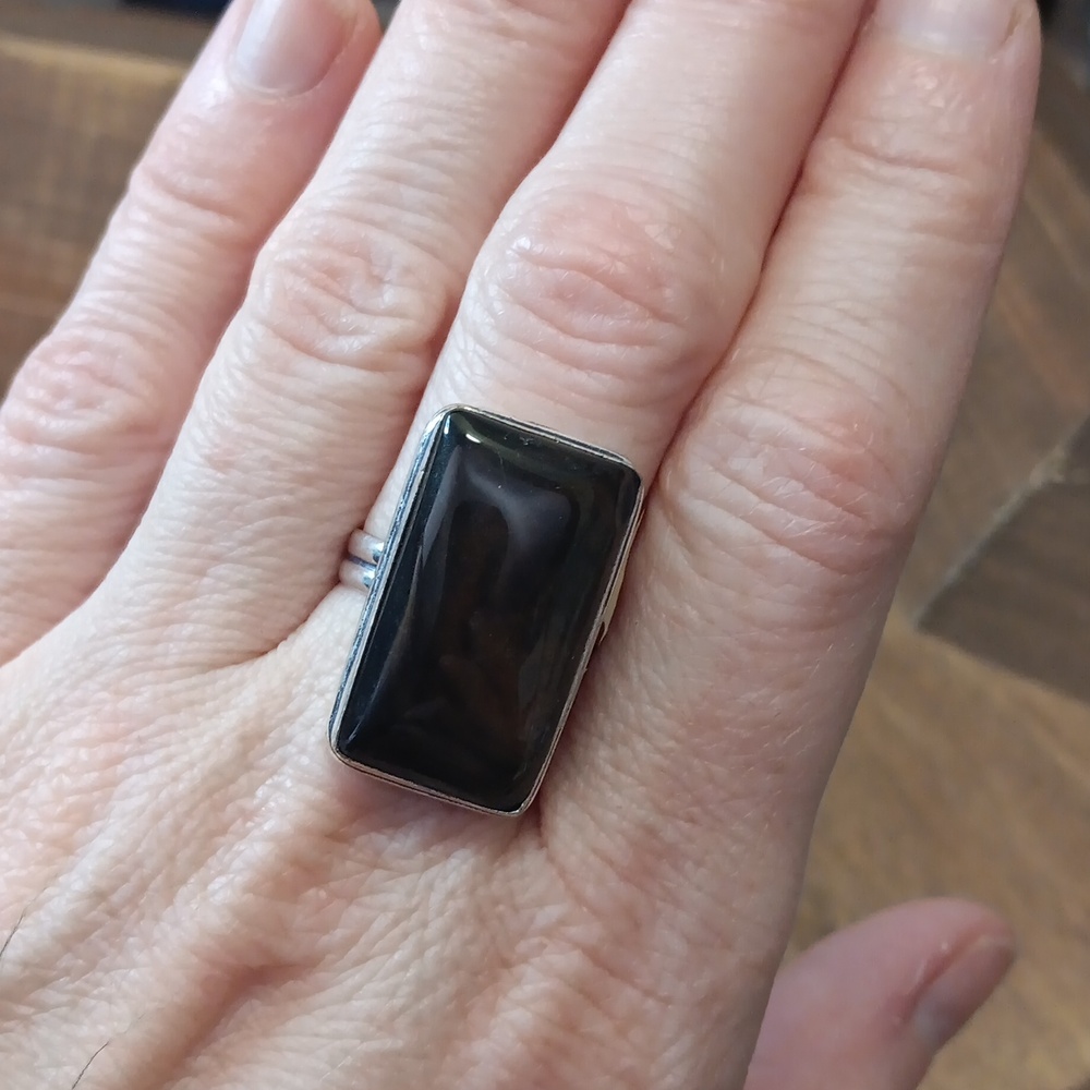Rectangular Silver And Brown Stone Ring - image 3